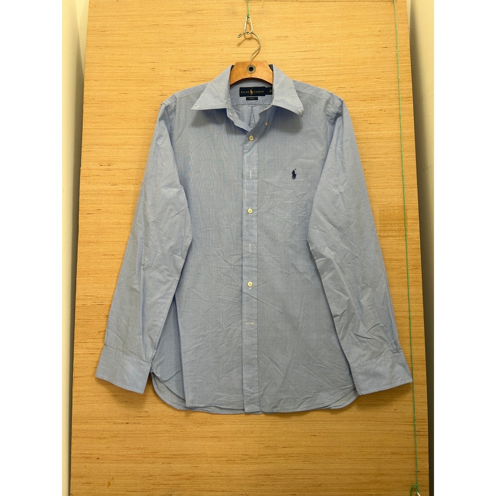 Ralph Lauren Slim Fit Light Blue Micro Check Button Down Shirt 15.5 34/35 Mens